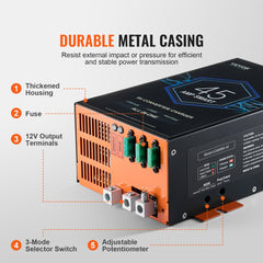 Bostome 45A RV power converter with metal body and smart cooling fan for battery charging.