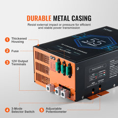 Bostome 55A RV Power Converter with metal body and intelligent fan for efficient battery charging.