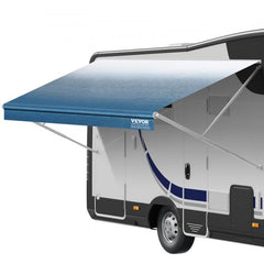Blue fade 16oz PVC awning fabric replacement for 12.2ft RV, shown extended on camper.