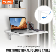 Wall mounted folding desk with a wood drop leaf design and sturdy carbon steel brackets.