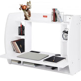 White wall-mounted floating desk with curved edges, storage shelves, power socket, and cubbies.