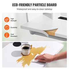 Wall-mounted floating desk in white with power socket, storage shelf, cubby, and waterproof surface.