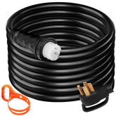10-foot generator extension cord with twist-lock connectors for secure power connections.