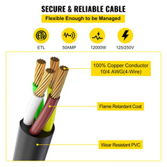 30-foot 50 Amp generator power cord with 100% copper conductors, flame-retardant PVC coating, and 125/250V rating.