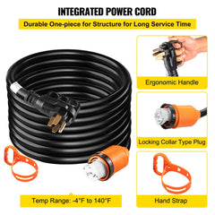 30-foot 50-amp generator power cord with twist-lock plugs, ergonomic handle, and carry strap.