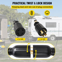 Black 40ft 30 amp generator extension cord with twist-lock connectors and molded grips.