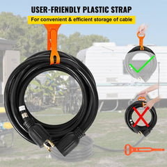A 40-foot 30 Amp generator extension cord with 10-gauge SJTW cable, NEMA L14-30 twist-lock plugs, and included storage strap.