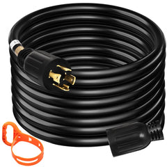 A 40-foot black 30-amp generator extension cord with NEMA L14-30 twist-lock plugs and orange straps.