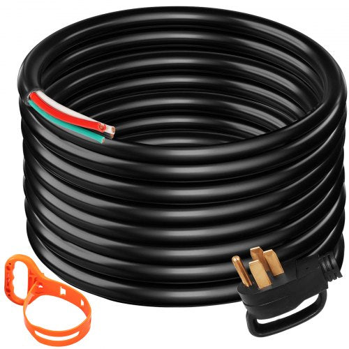 40-foot 50-amp black generator extension cord with N14-50P plug and exposed copper wires.
