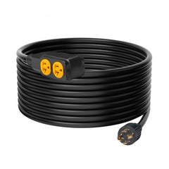 Black 25-foot 30-amp generator extension cord with twist-lock plug and two outlets.