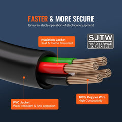 Black 25-foot 30-amp generator extension cord with STJW jacket, copper wires, and twist-lock plug.