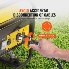 A hand inserts a twist-lock NEMA L14-30P male plug from a yellow 25ft 30-amp generator extension cord into a generator outlet on green grass.