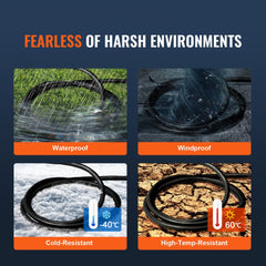 Collage showing Bostome 25ft generator cord's waterproof, windproof, cold-resistant to -40C, and high-temp resistant to 60C features.