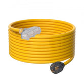Yellow 25-foot 30-amp generator extension cord with twist-lock plug and three outlets.