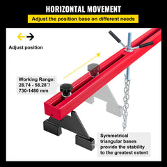 A red engine support bar with adjustable horizontal movement and symmetrical triangular bases.