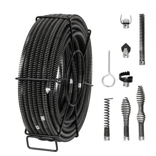 Bostome 100ft x 5/8" drain cleaner cable with seven cutters for unclogging various pipes.
