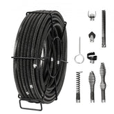 Bostome 100ft x 5/8" drain cleaner cable with seven cutters for unclogging various pipes.