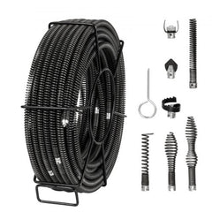 Bostome 100ft x 5/8" drain cleaner cable with seven cutters for unclogging various pipes.
