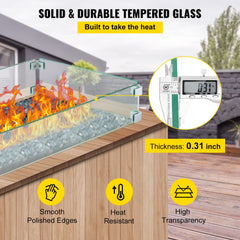 Clear tempered glass wind guard for fire pits, 29.5" x 13.6", with aluminum brackets.