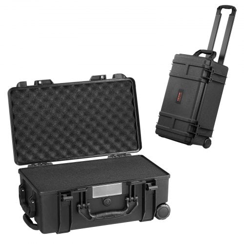 Weatherproof hard case with wheels, retractable handle, and pre-cut foam interior for protection.