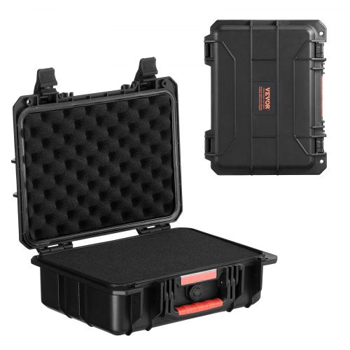 Weatherproof hard case with foam lining, IP67 rating, wheels, and telescopic handle.
