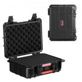 Weatherproof hard case with foam lining, IP67 rating, wheels, and telescopic handle.
