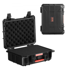 Weatherproof hard case with foam lining, IP67 rating, wheels, and telescopic handle.