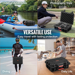 Weatherproof hard case with foam lining, IP67 rating, wheels, and telescopic handle.