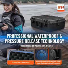 Bostome 2.4 cu.ft weatherproof hard case with foam lining and wheels for easy transport.
