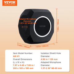 Black octagonal microphone isolation ball made of high-density foam with dimensions and adapted microphone specs.