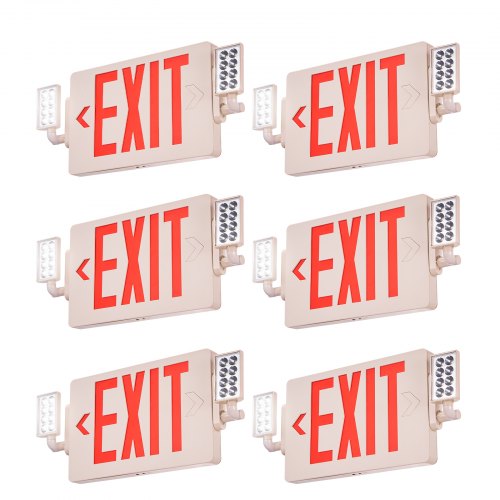 Six-pack of Bostome LED exit signs with red letters, battery backup, and adjustable emergency lights.