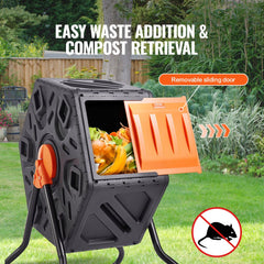 Bostome 18.5-gal compost tumbler with a single rotating chamber and detachable sliding door.