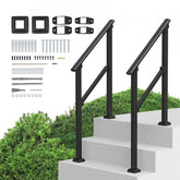 Two black carbon steel handrails for outdoor porch steps, with mounting hardware.