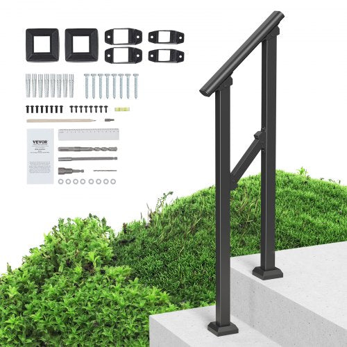 Black square tube steel handrail for outdoor steps, designed for seniors' safety and support.