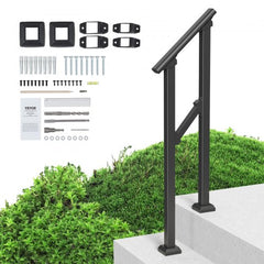 Black square tube steel handrail for outdoor steps, designed for seniors' safety and support.