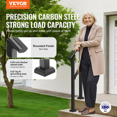 Black square tube steel outdoor handrail designed for seniors, suitable for 1-2 step areas.