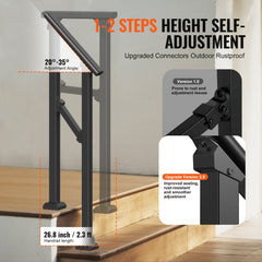 Black square tube steel outdoor handrail for 1-2 step areas, designed for senior safety.