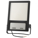 Black 300W LED floodlight with IP65 rating, bracket, and power cord.