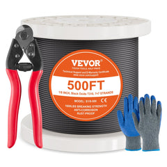 Spool of black 1/8 inch 7x7 stainless steel wire rope with red cable cutters and blue gloves.