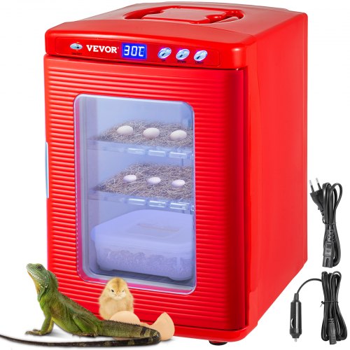 Red Bostome 25L reptile egg incubator with digital display, eggs, chicks, and power cords.