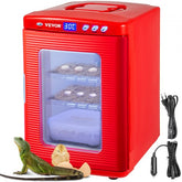 Red Bostome 25L reptile egg incubator with digital display, eggs, chicks, and power cords.