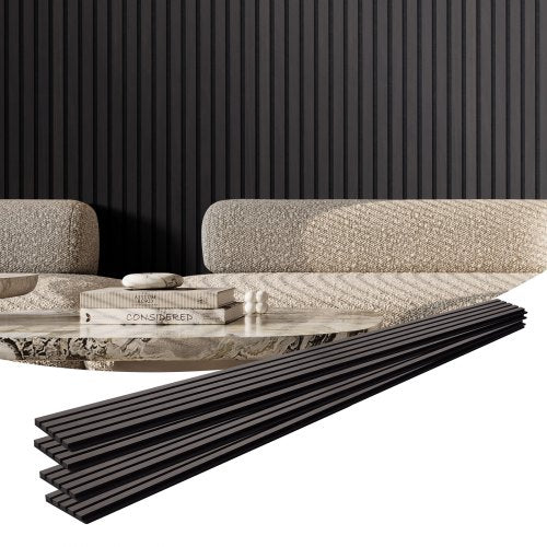 Black Oak wood slat acoustic panel measuring 94.5"x7.9" for wall decor and sound absorption.