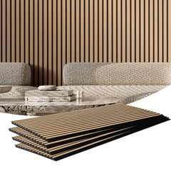 Light Oak wood slat acoustic panel measuring 23.6" x 47.2" with a modern design.