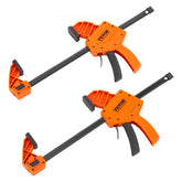 Two orange 12-inch one-handed bar clamps with black bars and 300 lbs capacity.