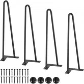 Set of four 16-inch black solid steel hairpin table legs with mounting plates and screws.