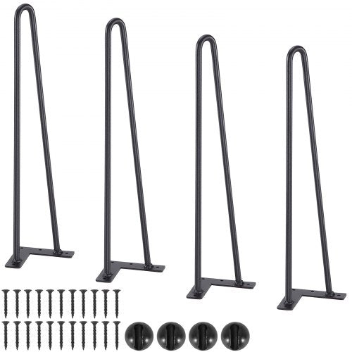 Set of four 19-inch black metal hairpin table legs with mounting plates and screws.