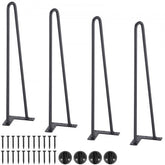 Set of four 19-inch black metal hairpin table legs with mounting plates and screws.