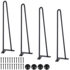 Set of four 19-inch black metal hairpin table legs with mounting plates and screws.