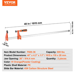 Two Bostome 36" F-Clamps with cast iron jaws and a quick-change mechanism for woodworking.