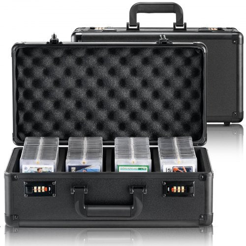Black aluminum storage case with lock, foam interior, and four slots holding graded card holders.